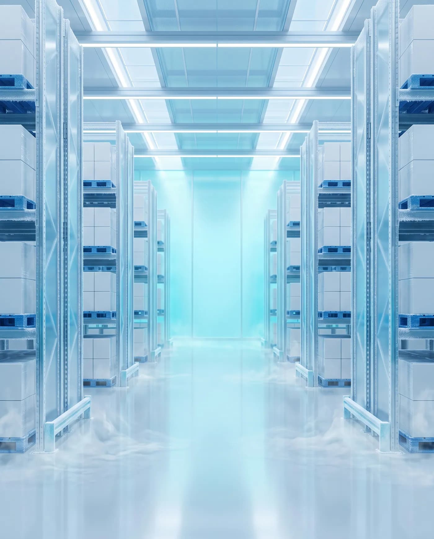Illustrative frosted cold room with shrink-wrapped cartons on blue pallets