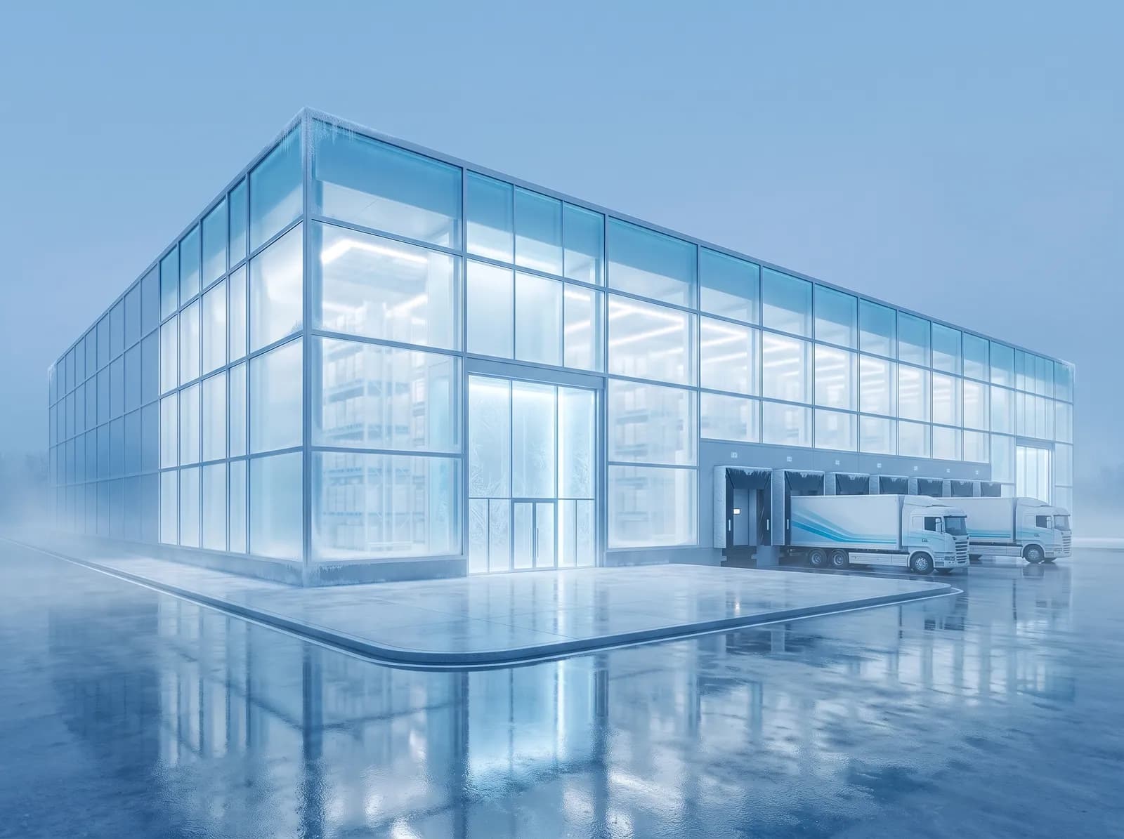 Concept render of a glass-fronted cold storage hub with refrigerated trucks at the loading docks