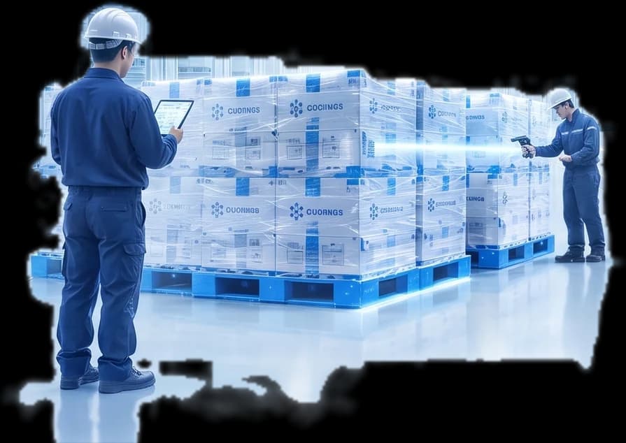Warehouse staff doing a stock count with a tablet and a barcode scanner beside shrink-wrapped pallets