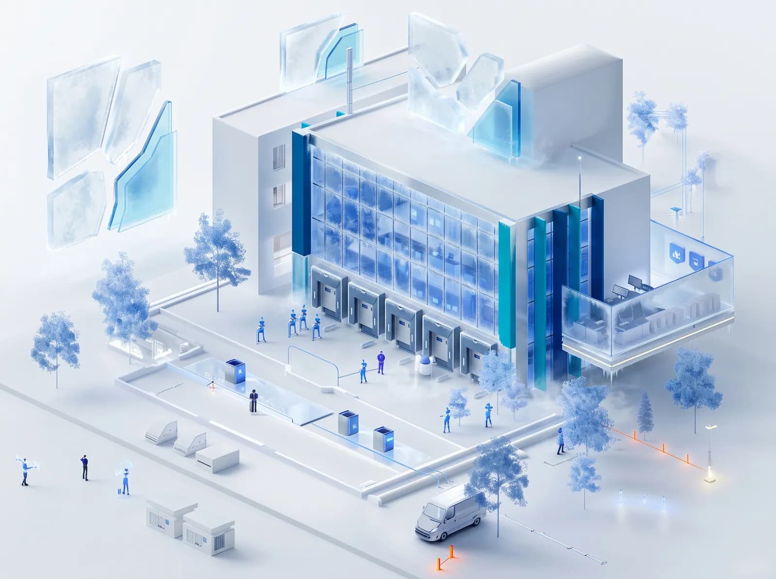 Isometric render of a modern facility with connected data panels
