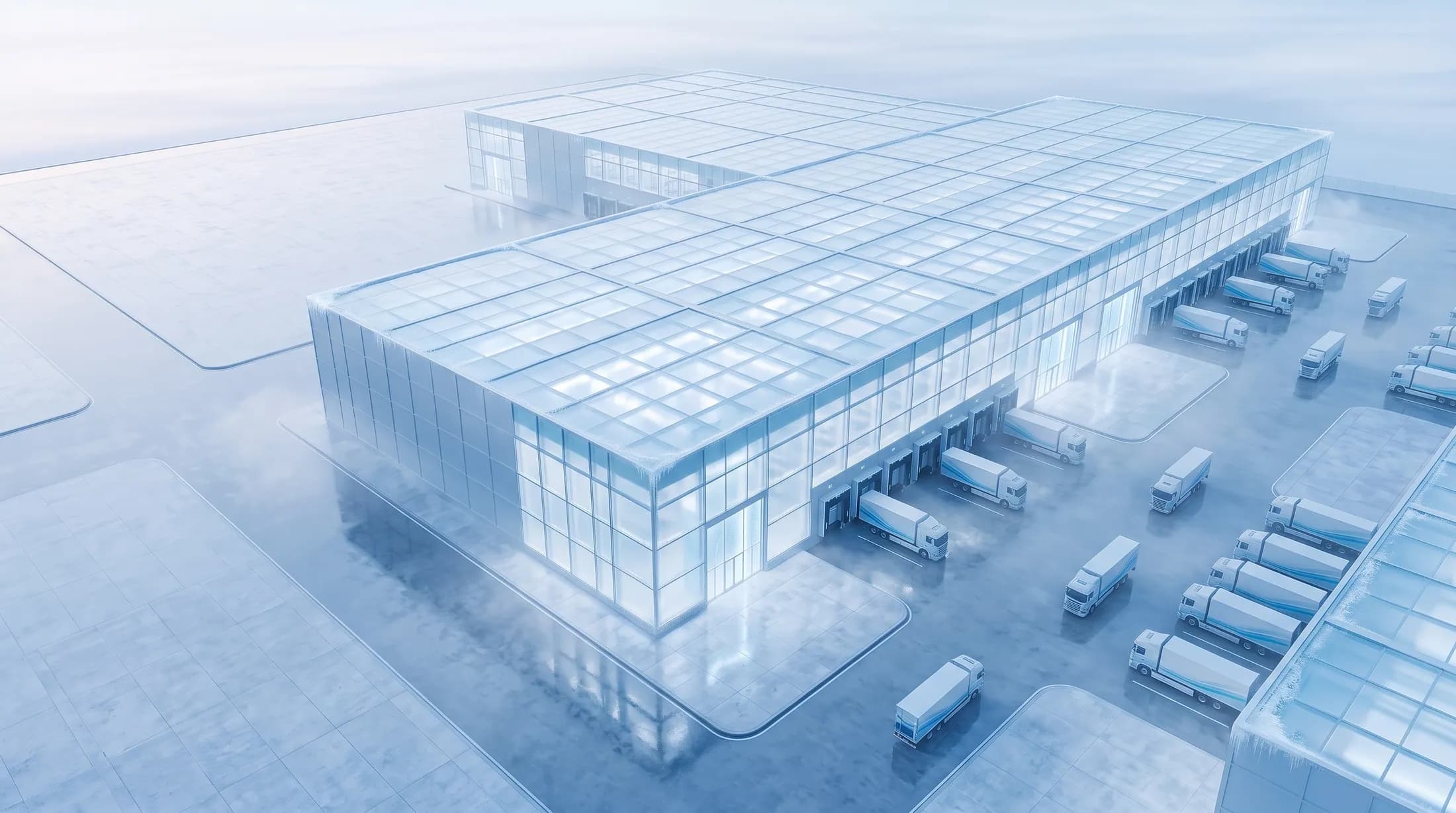 Aerial concept view of a glass-roofed cold storage hub with loading docks