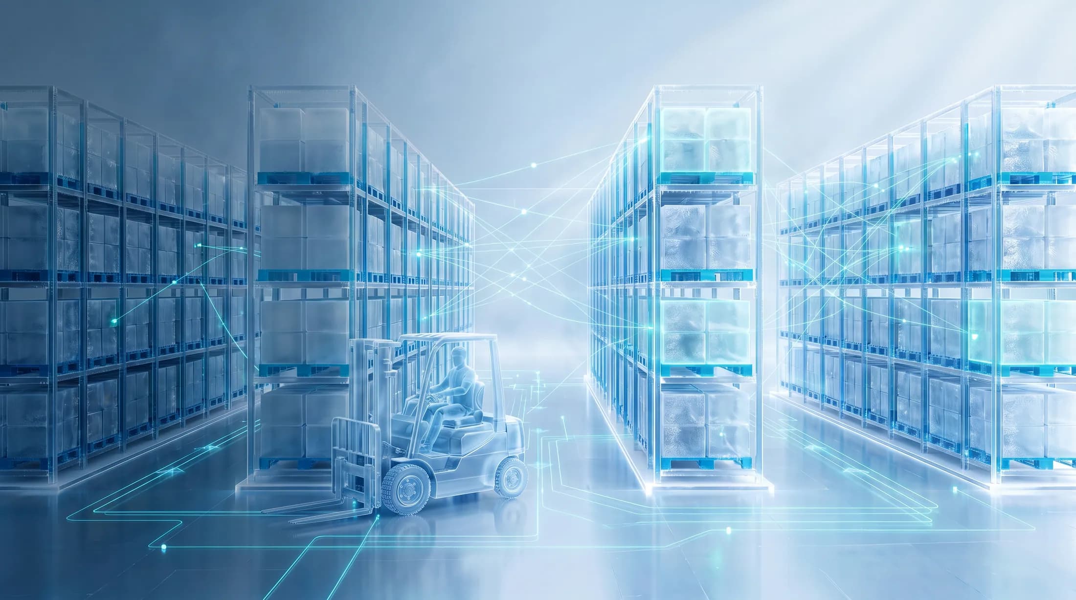 Concept of glass racking aisles with glowing data lines connecting pallets