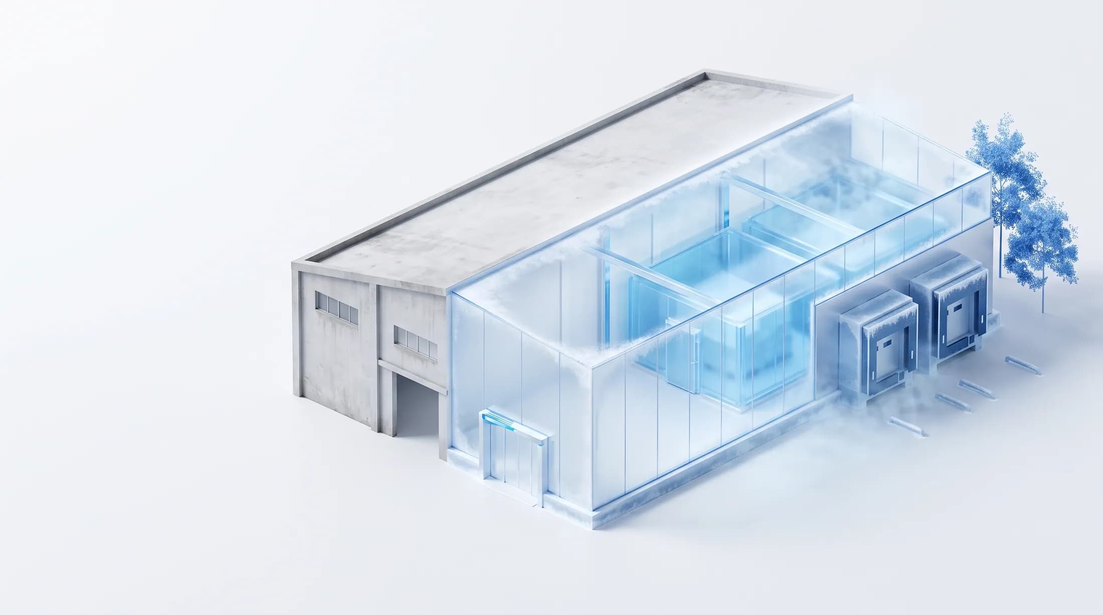 Concept of a building transforming from an empty warehouse into a glass cold storage facility