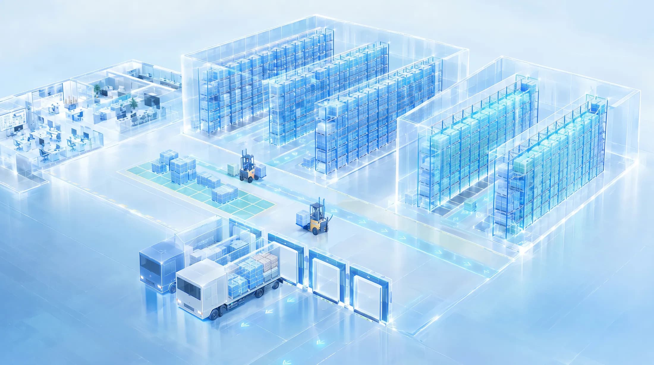 Concept 3D visualization of a glass cold storage site with chambers, docks and trucks